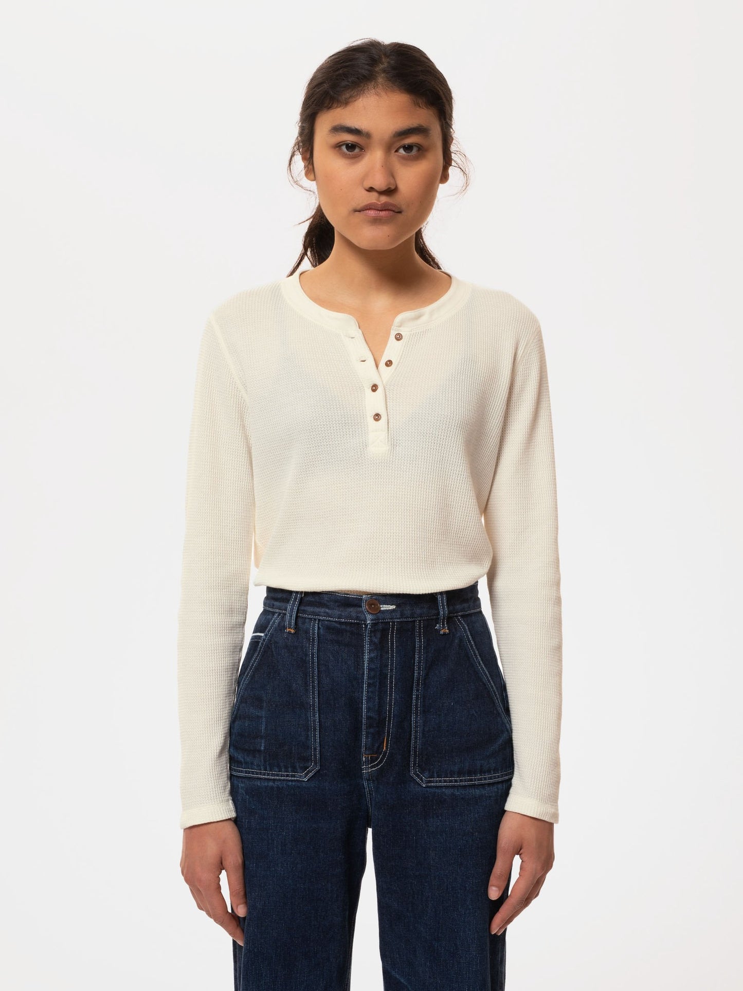 T-shirt manches longues en maille gaufrée de coton bio | écru "mira waffle egg white"