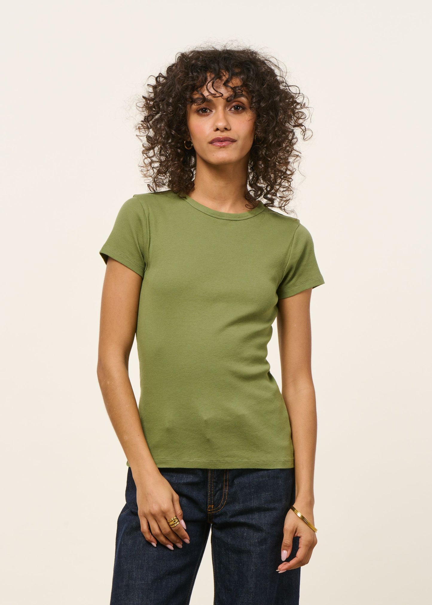 T-shirt manches courtes côtelé en coton bio | vert | Vert kaki