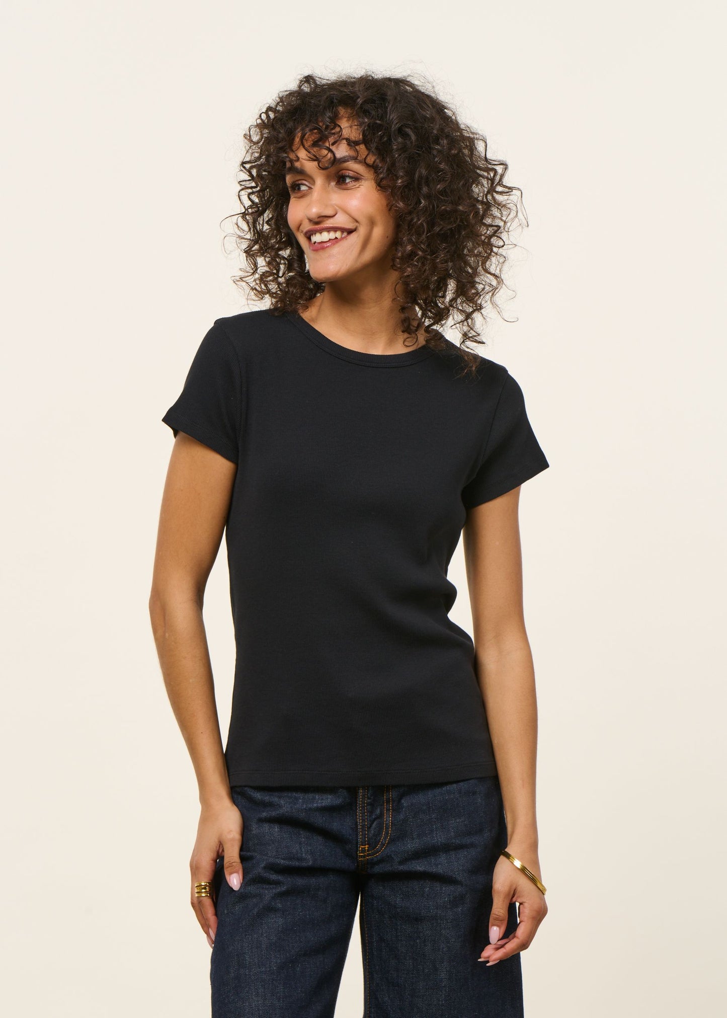 T-shirt manches courtes côtelé en coton bio | noir | Noir
