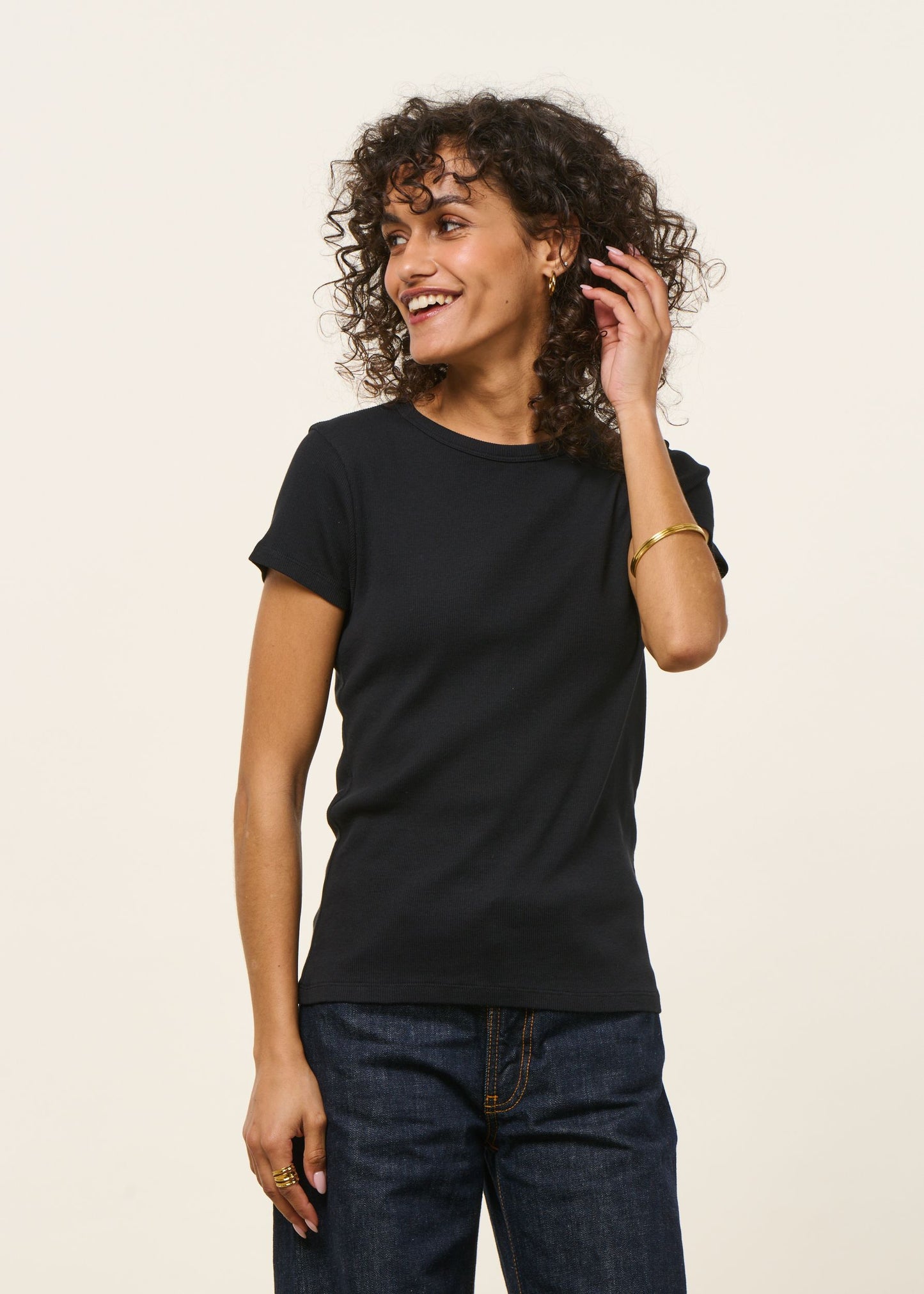 T-shirt manches courtes côtelé en coton bio | noir | Noir
