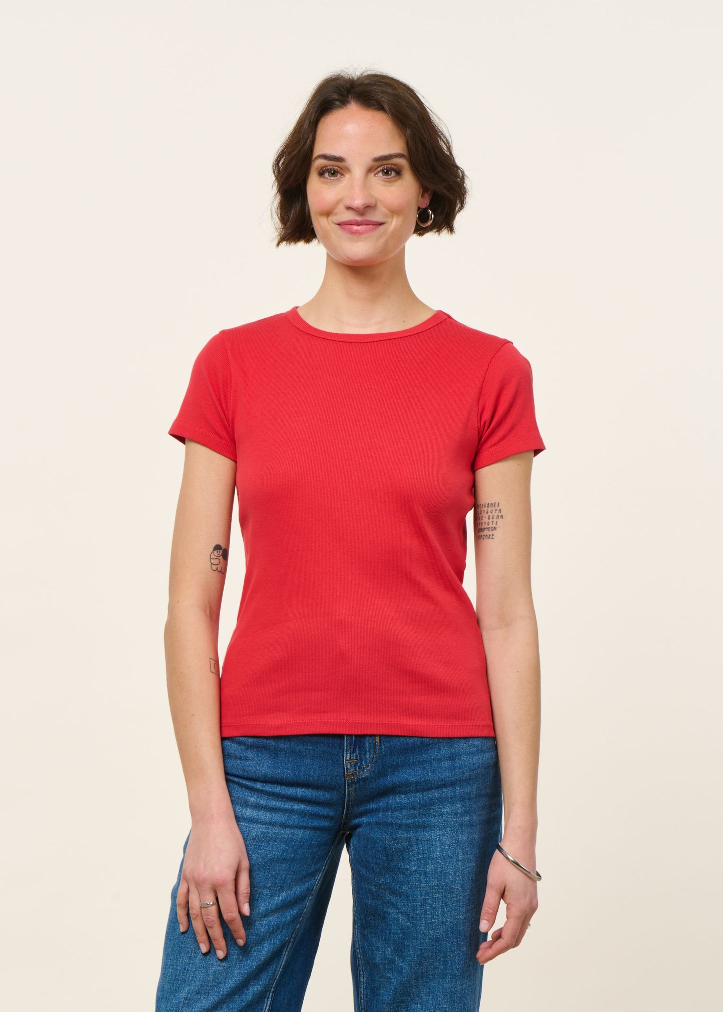 T-shirt manches courtes côtelé en coton bio | rouge | Rouge