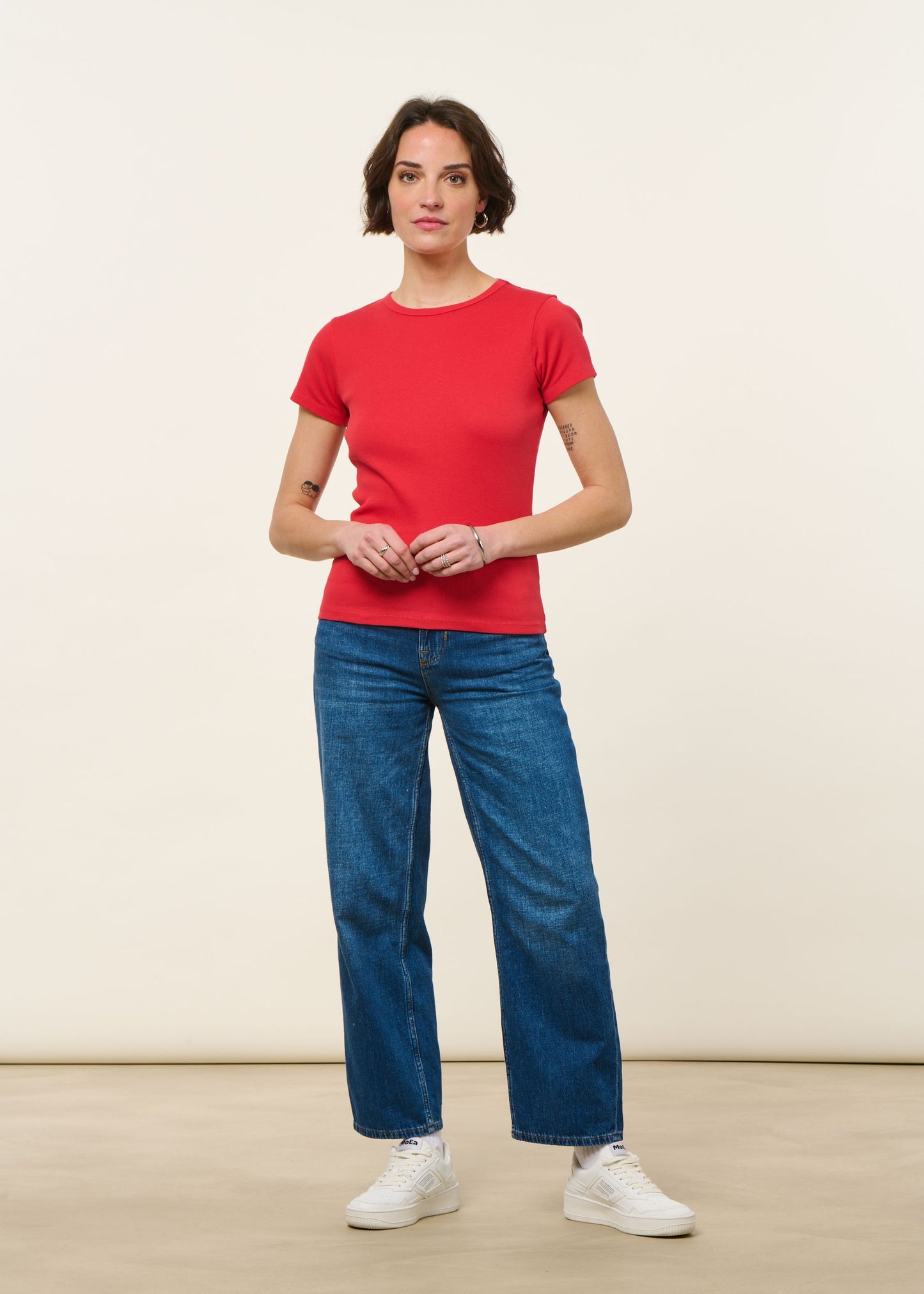 T-shirt manches courtes côtelé en coton bio | rouge | Rouge