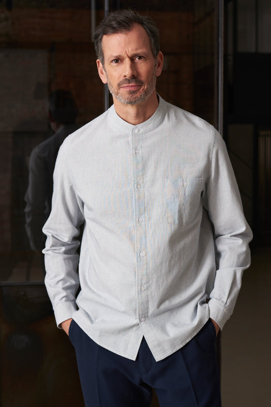 Chemise col mao en coton bio | rayée bleue "nathan eco brushed str vint. blue"