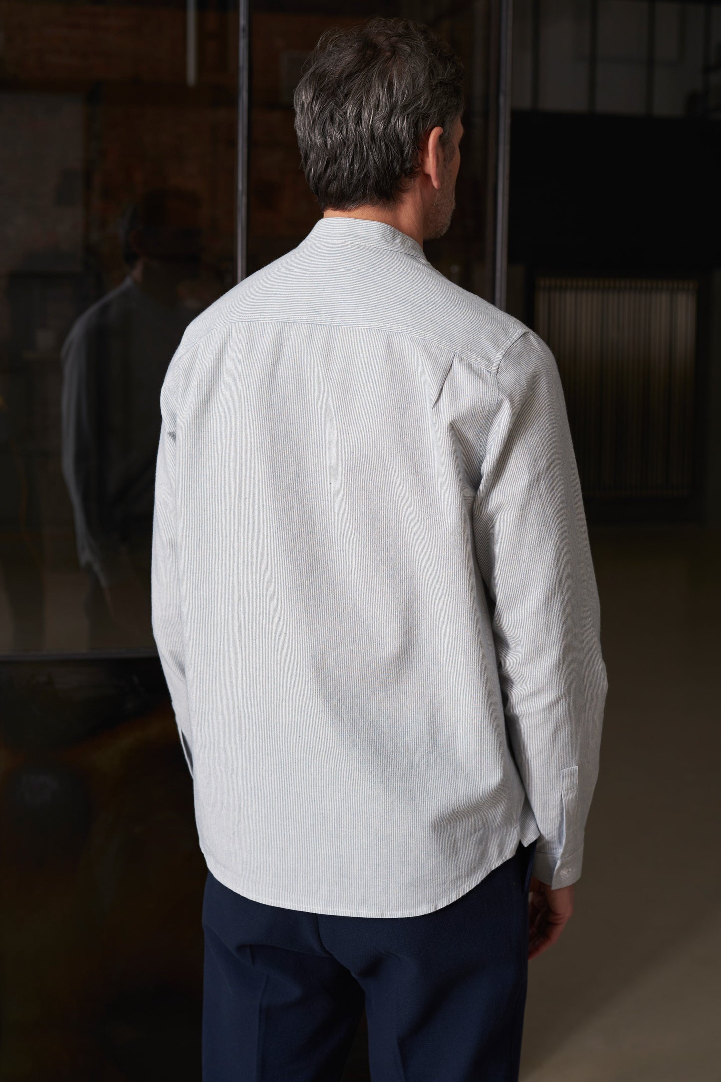 Chemise col mao en coton bio | rayée bleue "nathan eco brushed str vint. blue"