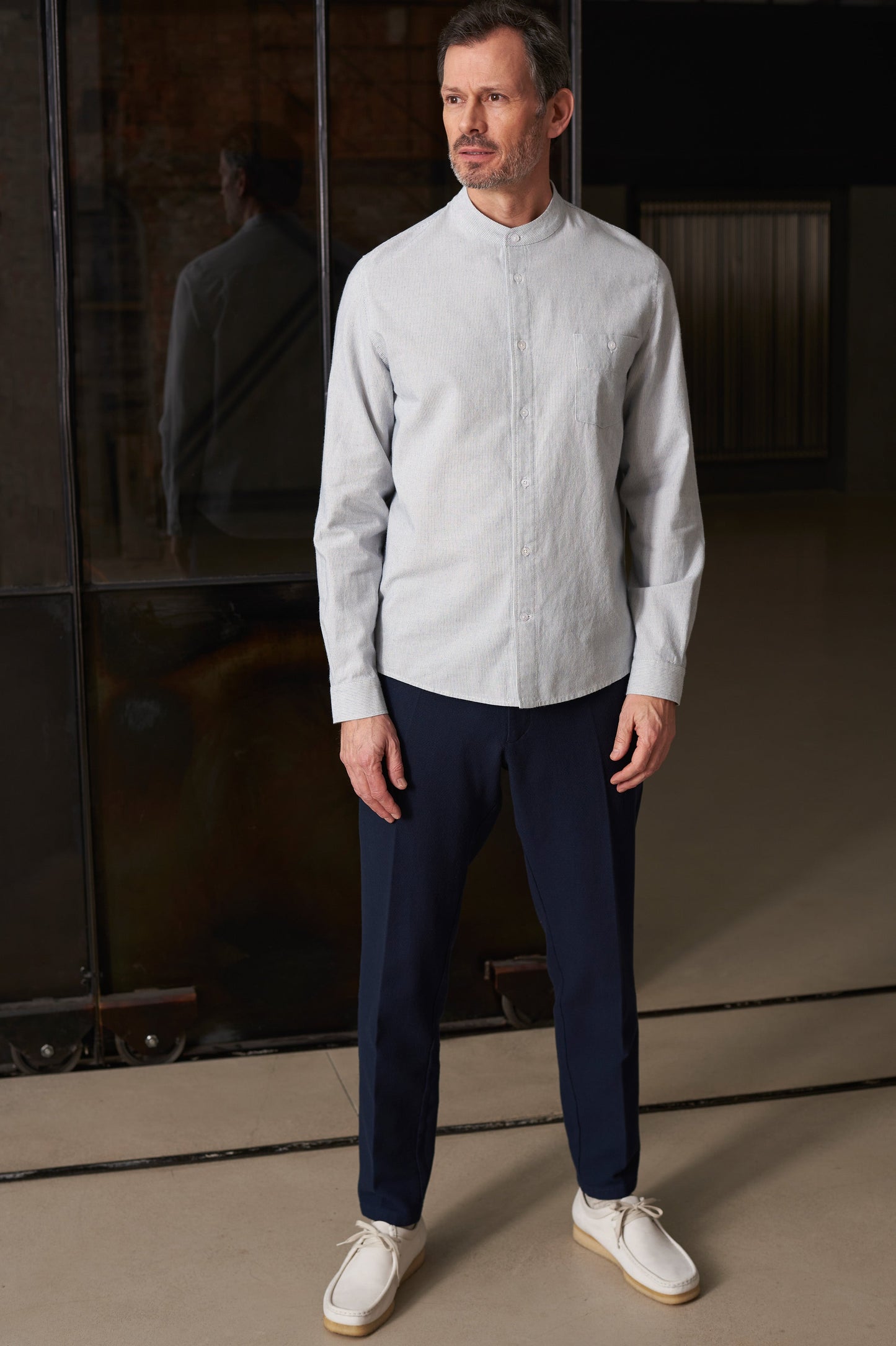 Chemise col mao en coton bio | rayée bleue "nathan eco brushed str vint. blue"