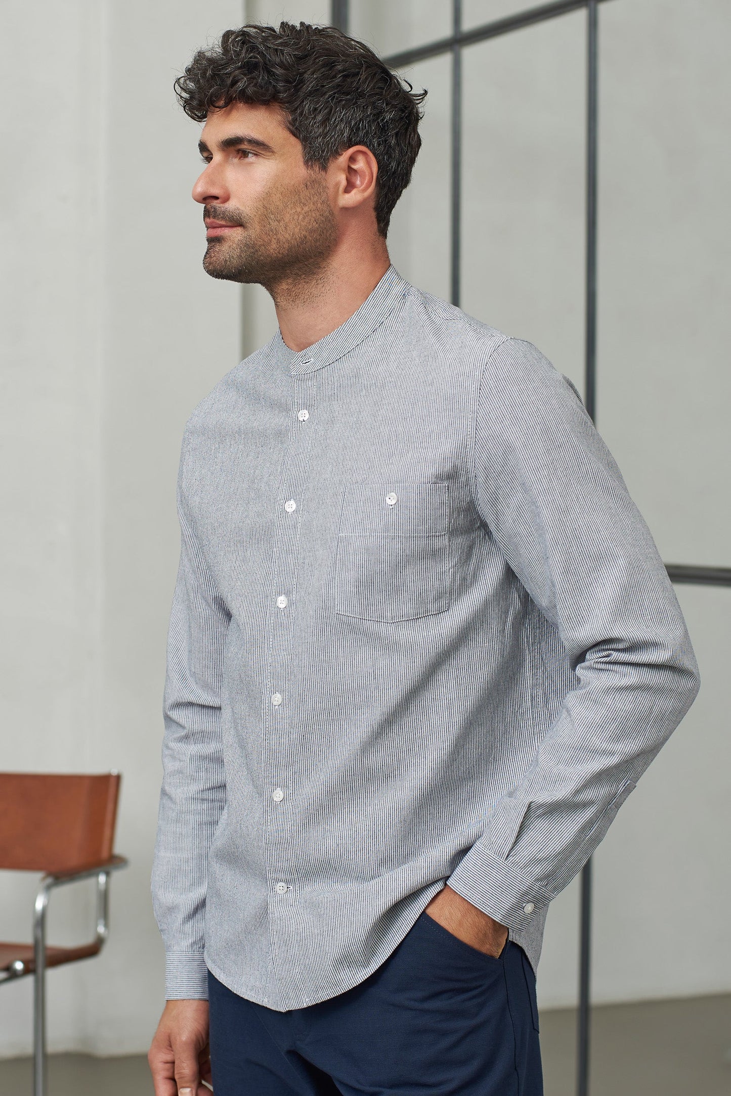 Chemise col officier en coton bio | rayée bleue "nathan eco oxford striped navy"
