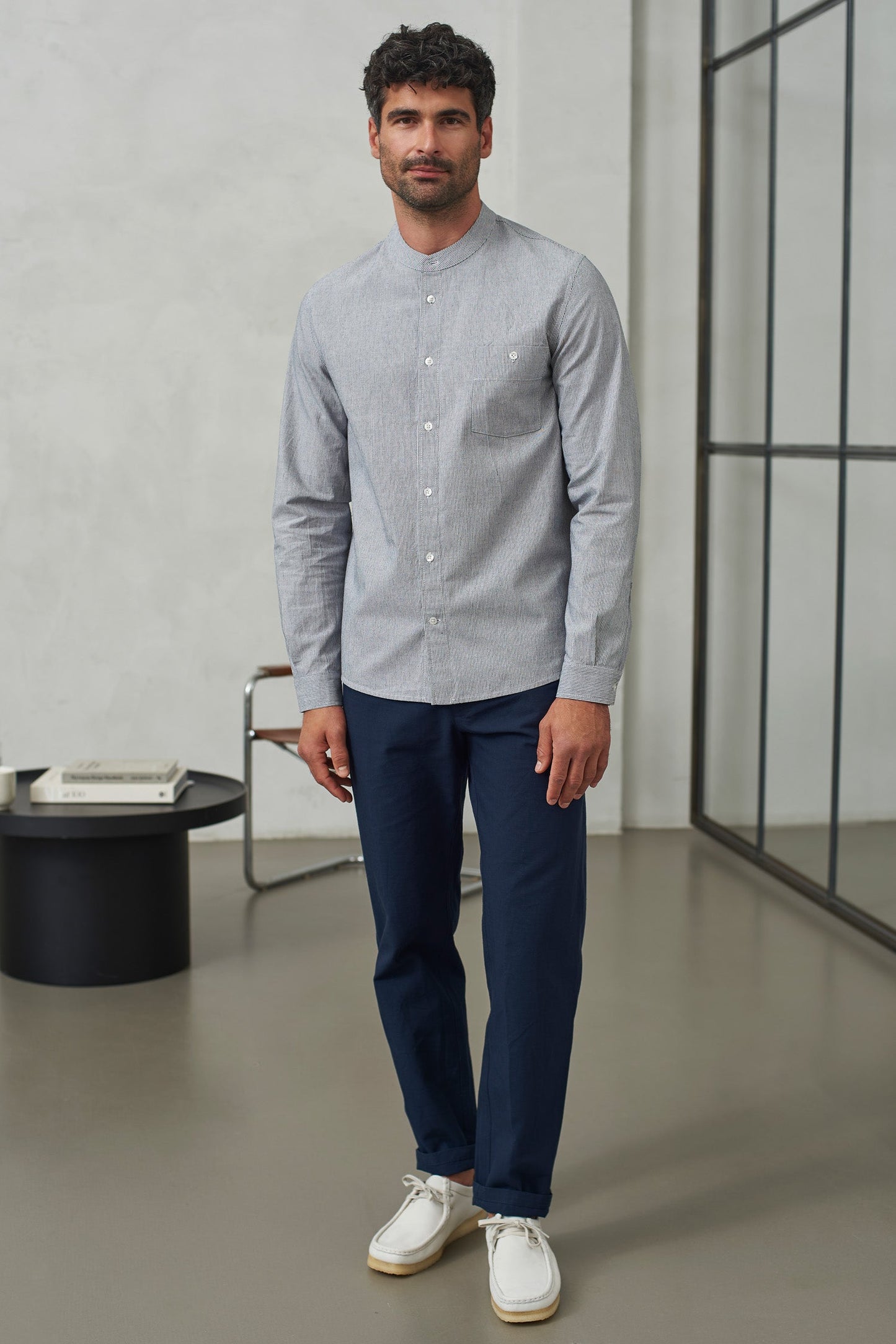 Chemise col officier en coton bio | rayée bleue "nathan eco oxford striped navy"