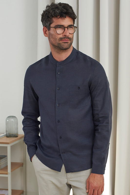 Chemise col mao en lin | bleu "nathan navy pure linen"