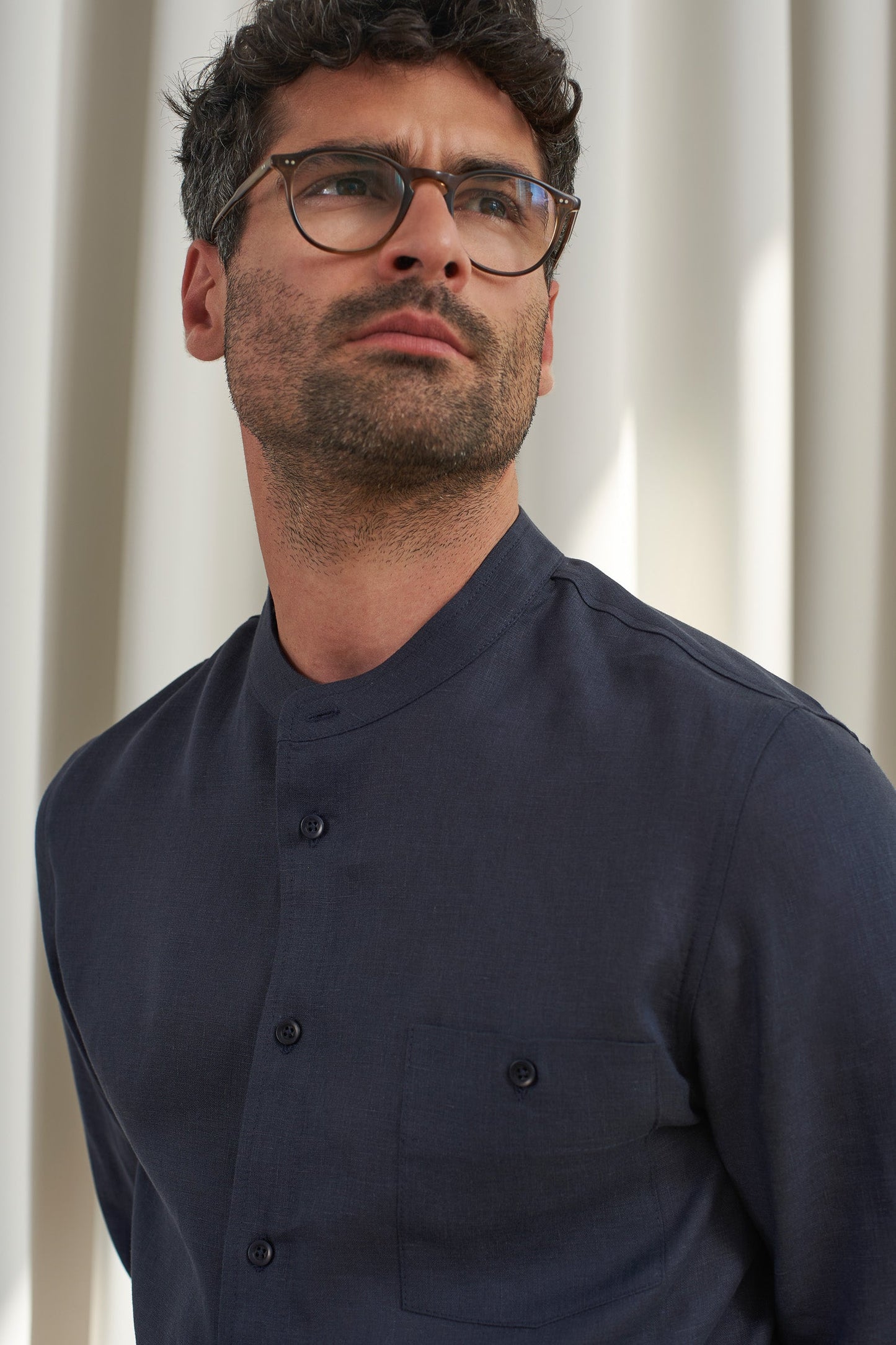 Chemise col mao en lin | bleu "nathan navy pure linen"