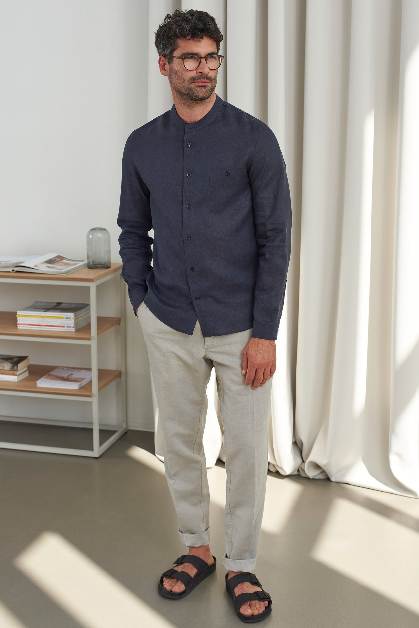 Chemise col mao en lin | bleu "nathan navy pure linen"