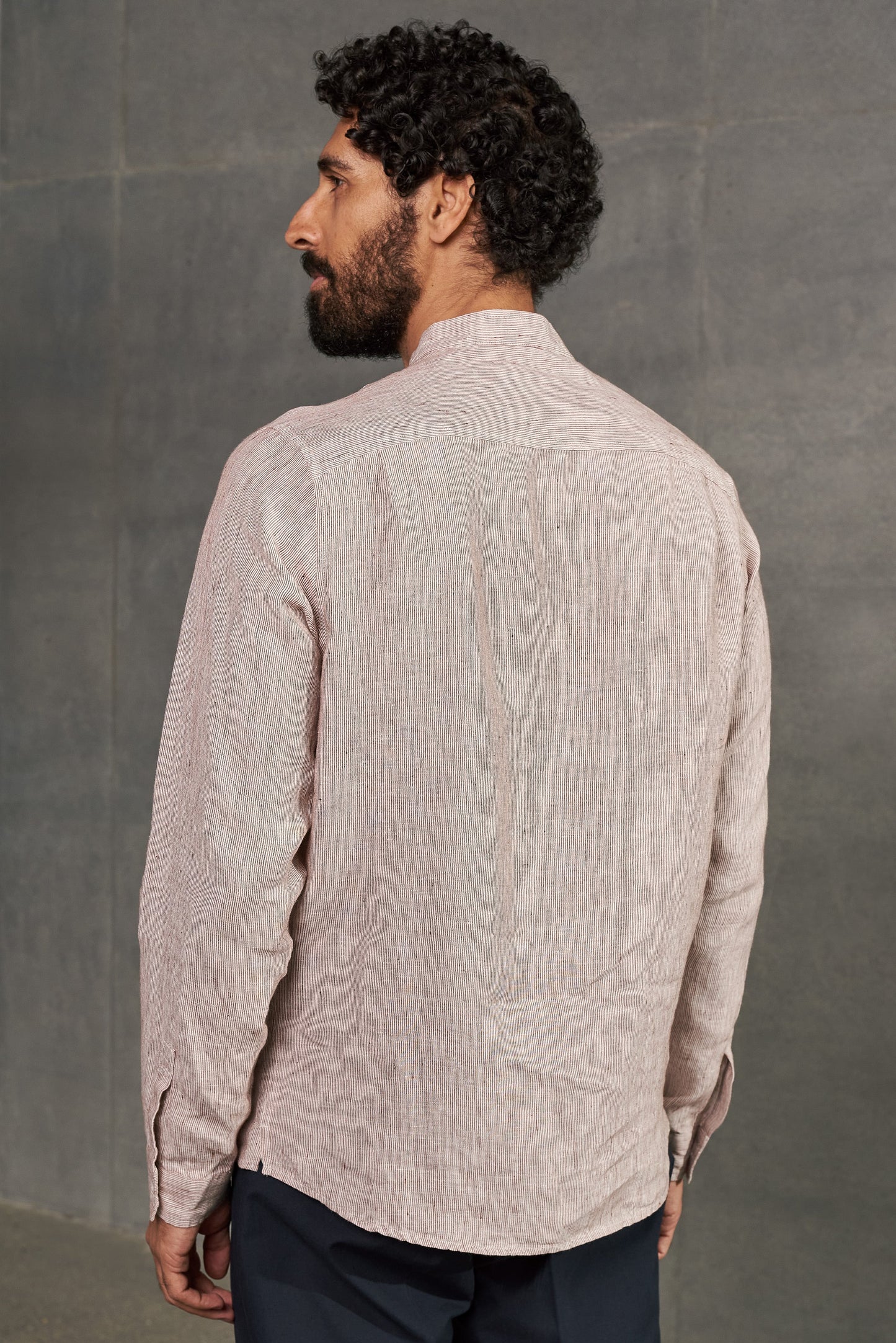Chemise col mao en lin | rayée marron "nathan striped rust"