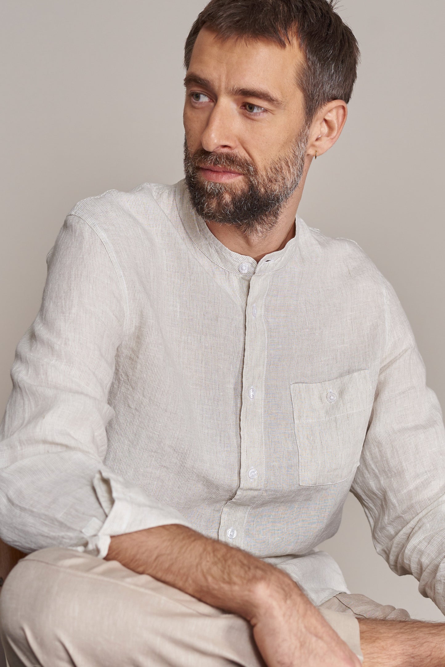 Chemise col officier en lin | rayée sand "nathan striped sand"