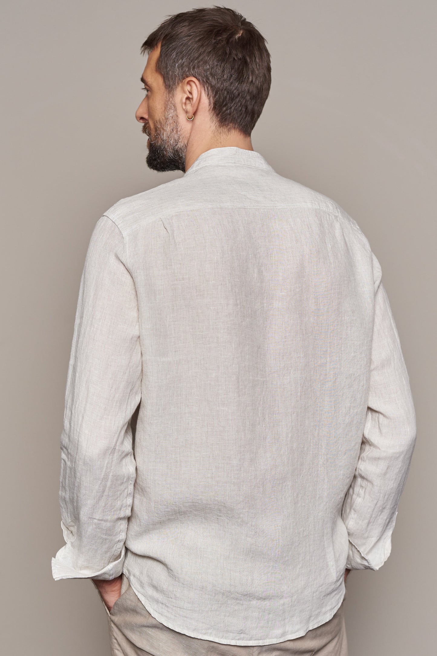 Chemise col officier en lin | rayée sand "nathan striped sand"