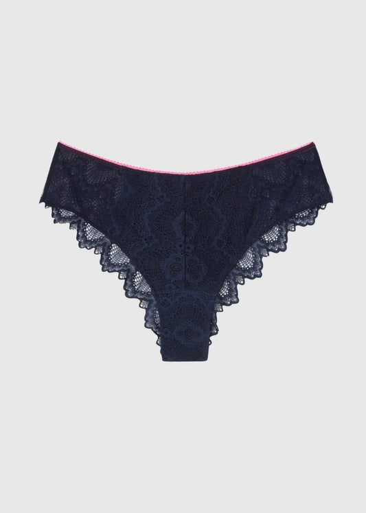 Culotte dentelle en matières recyclées | marine "lace cheeky - navy/neon pink"