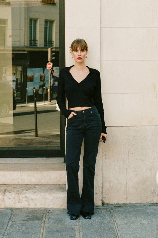 Jean flare noir en coton bio et recyclé - isy flared stone  black