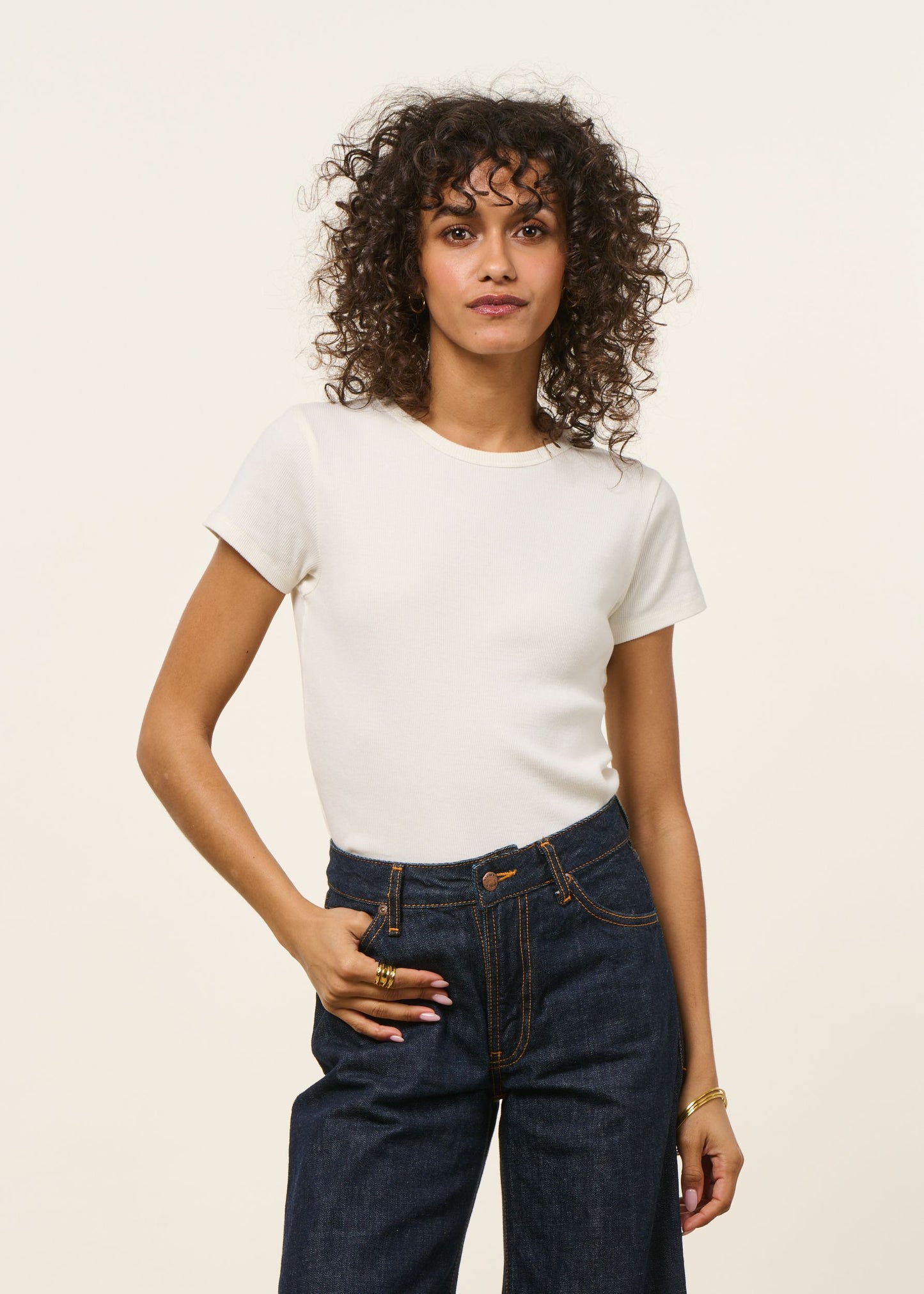T-shirt manches courtes côtelé en coton bio | off white | Blanc