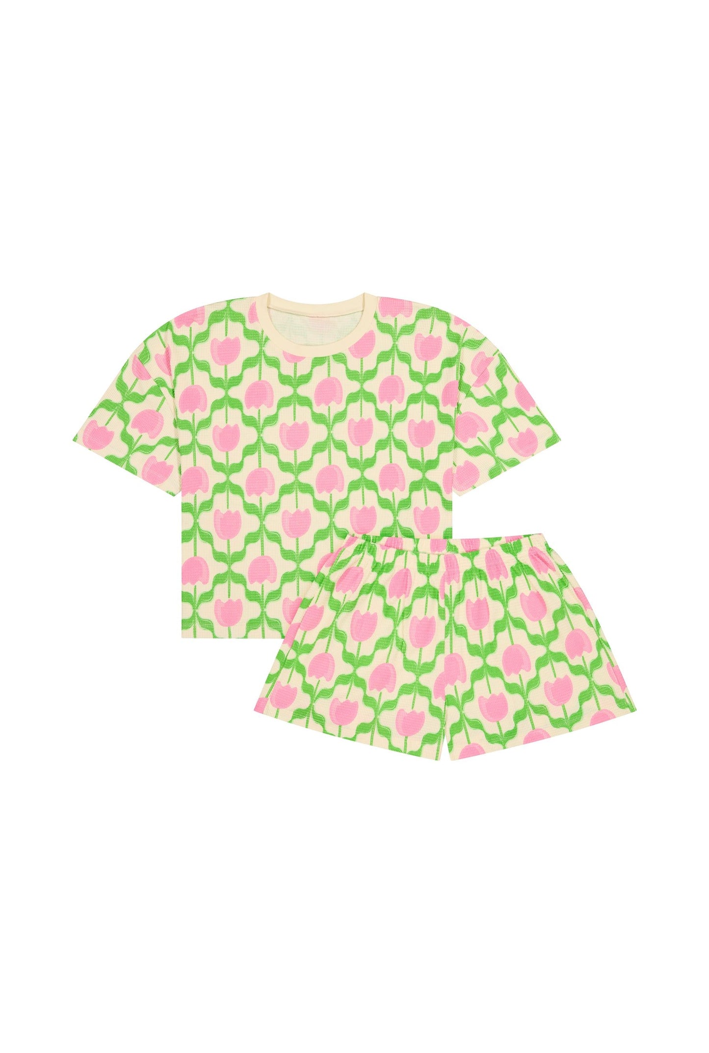 Pyjama gaufré coton bio | tulipes rose  | Rose