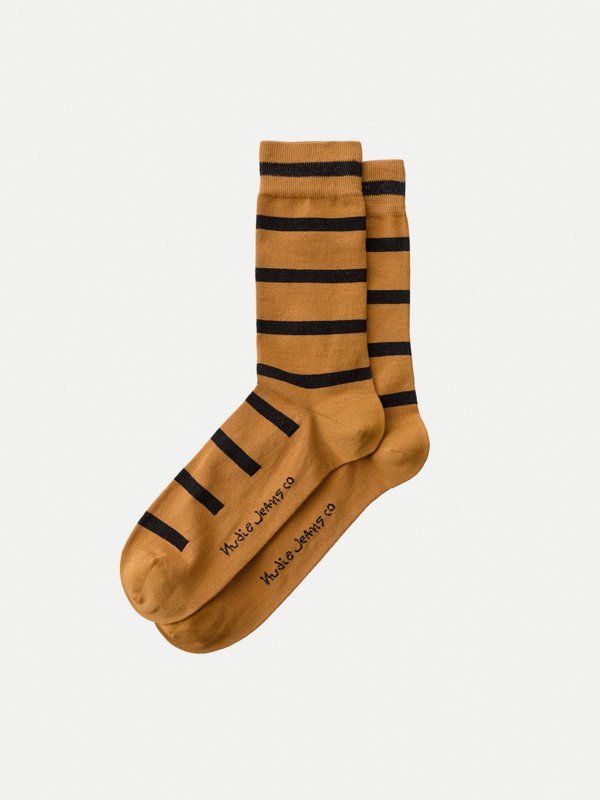 Chaussettes hautes rayées camel et noir en coton bio - Olsson