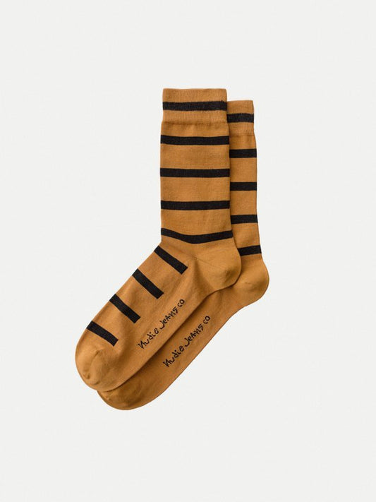 Chaussettes hautes rayées camel et noir en coton bio - Olsson