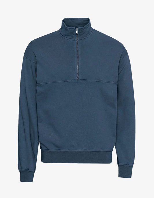 Sweat camionneur col zippé en coton bio | bleu "quarter zip petrol blue"