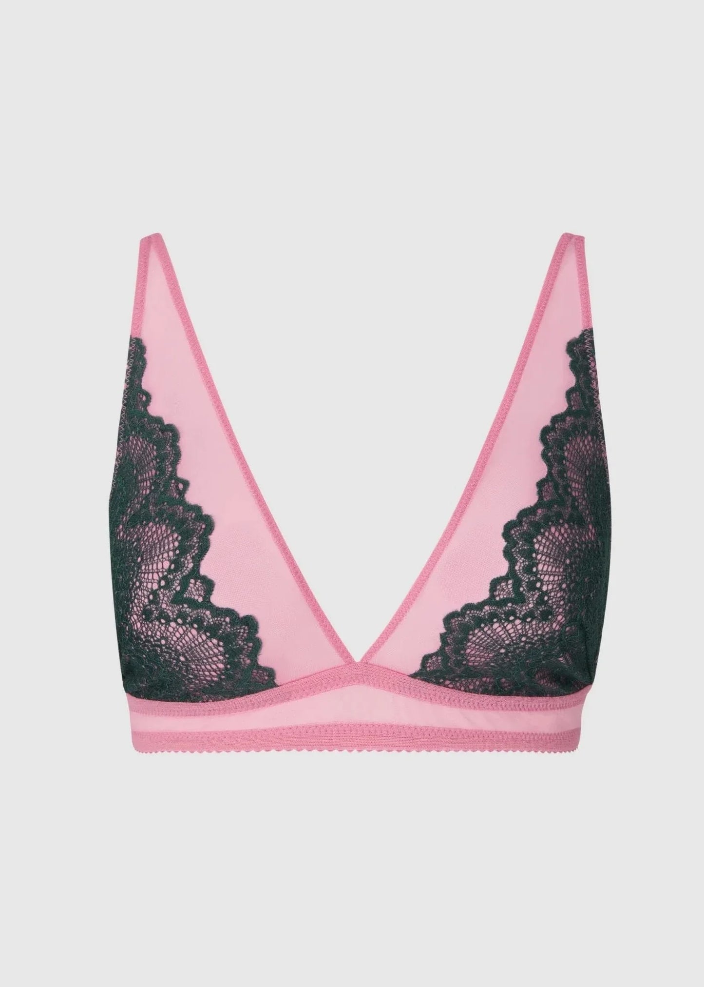 Soutien gorge triangle en matières recyclées | bicolore "lace mesh plunge bralette - pine/candy pink"