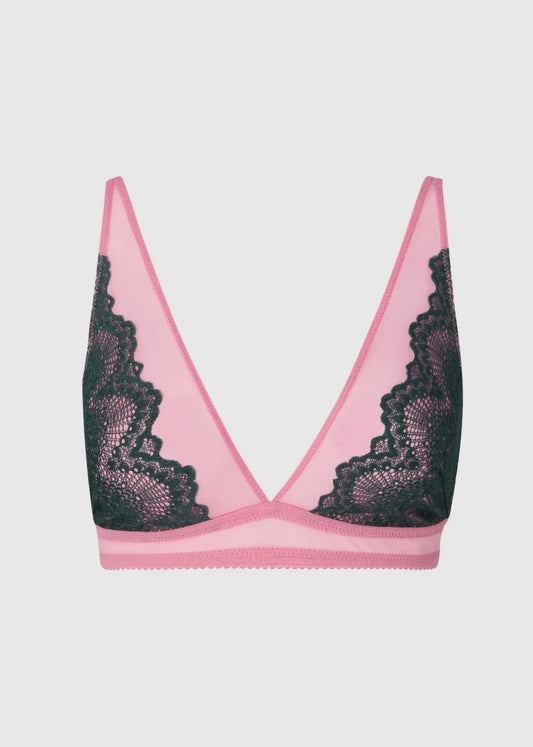 Soutien gorge triangle en matières recyclées | bicolore "lace mesh plunge bralette - pine/candy pink"