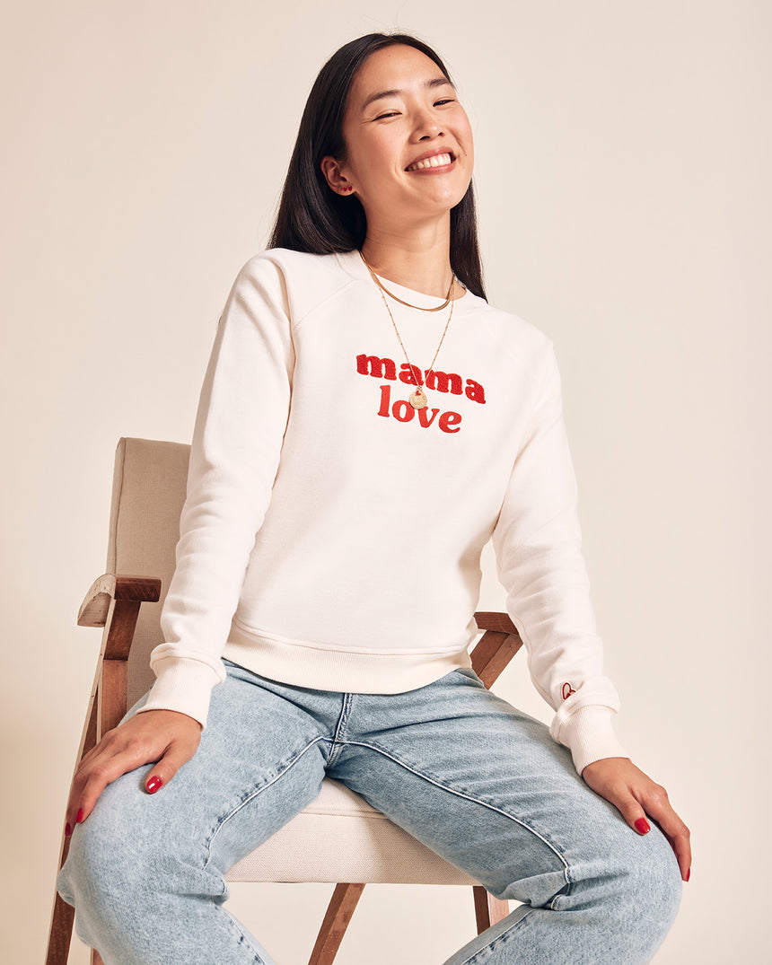 Sweat brodé en coton bio | Crème et rouge "mama love crème et rouge"