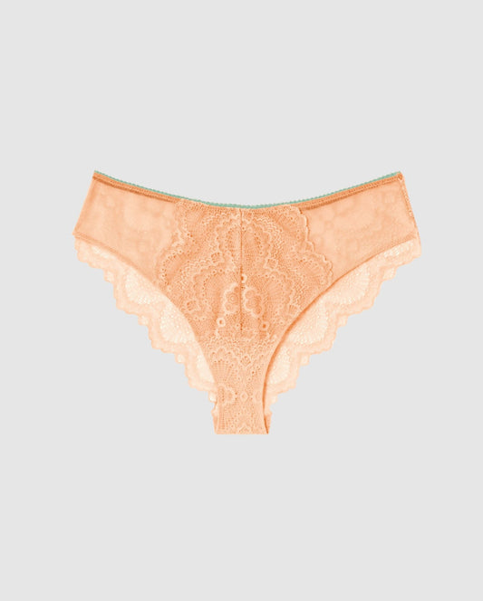 Culotte en matière recyclée | pêche "lace cheeky - peach / turquoise"
