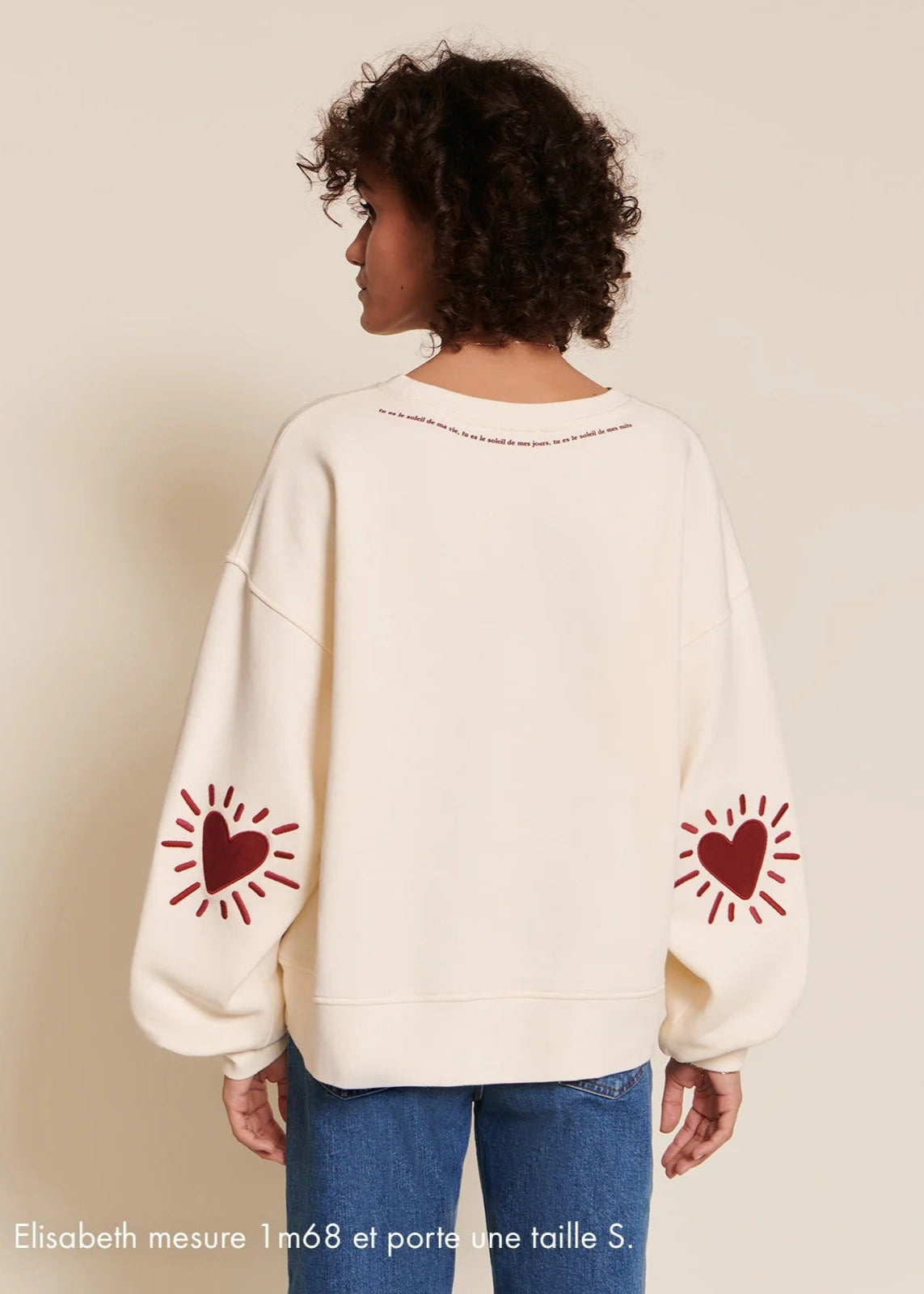 Sweat brodé en coton bio | crème "sweat Cœur solaire femme avec coudières "
