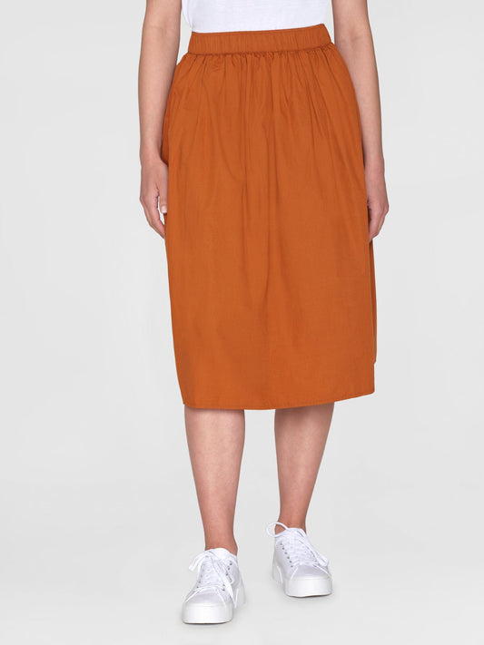 Jupe midi en coton bio | Marron "poplin elastic waist mid-length leather brown"