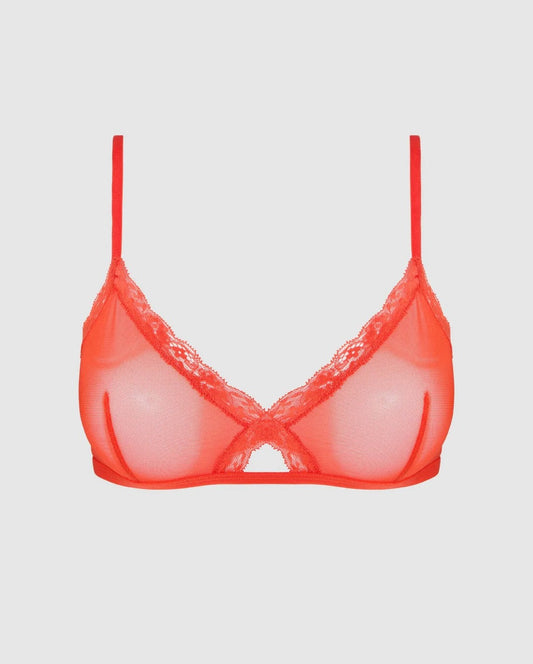 Soutien gorge triangle en matières recyclées | rouge "mesh lace trim triangle bralette - fiery red"