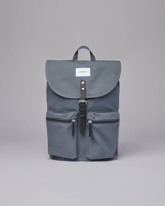 Sac à dos bleu en coton bio et matière recyclée - roald dark slate with black leather