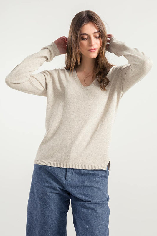 Pull col v en coton bio et recyclé | beige "maglia donna cotone rigenerato arianna"