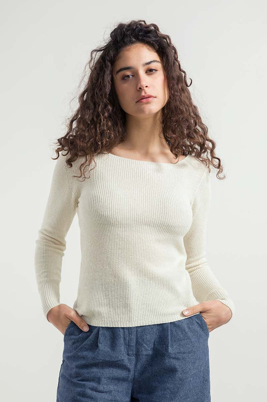Pull col v réversible en soie recyclée | écru "maglia donna seta rigenerata giselle"