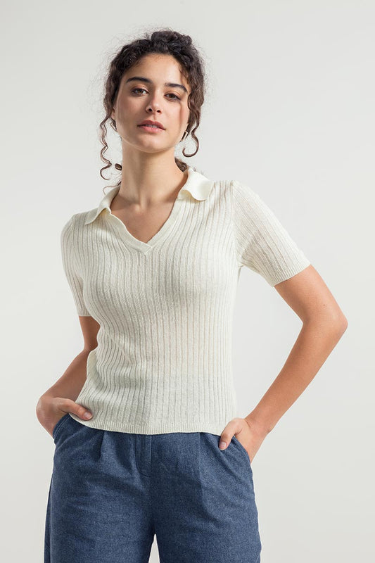 Polo manches courtes en soie recyclée | écru "polo donna seta rigenerata gigi"