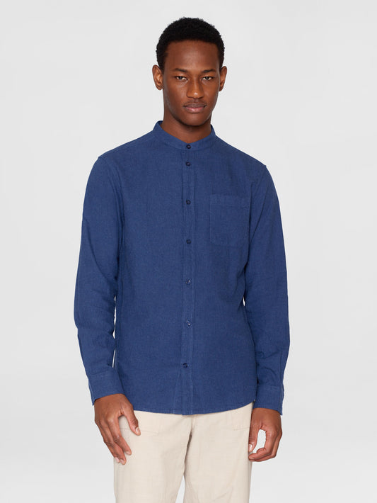 Chemise col mao en coton bio | bleu "regular fit melangé flannel stand collar shirt estate blue"