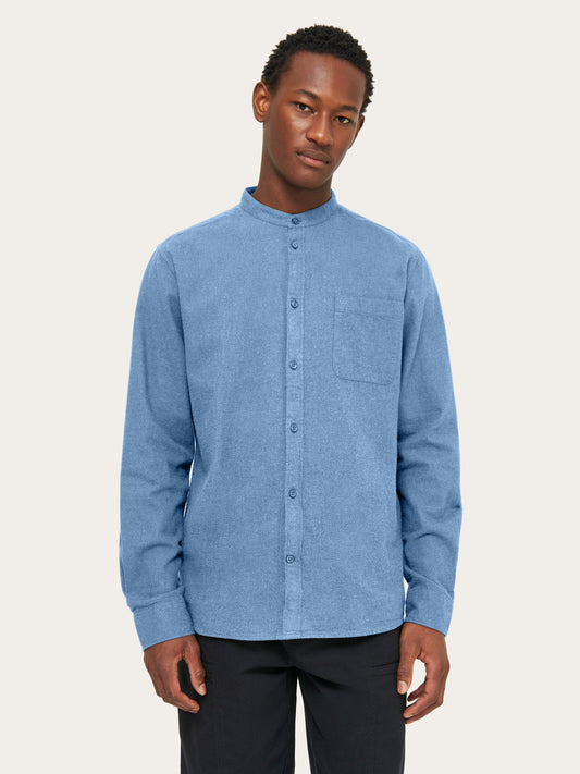 Chemise col mao en coton bio | Bleu "melangé flannel stand collar shirt dark denim"