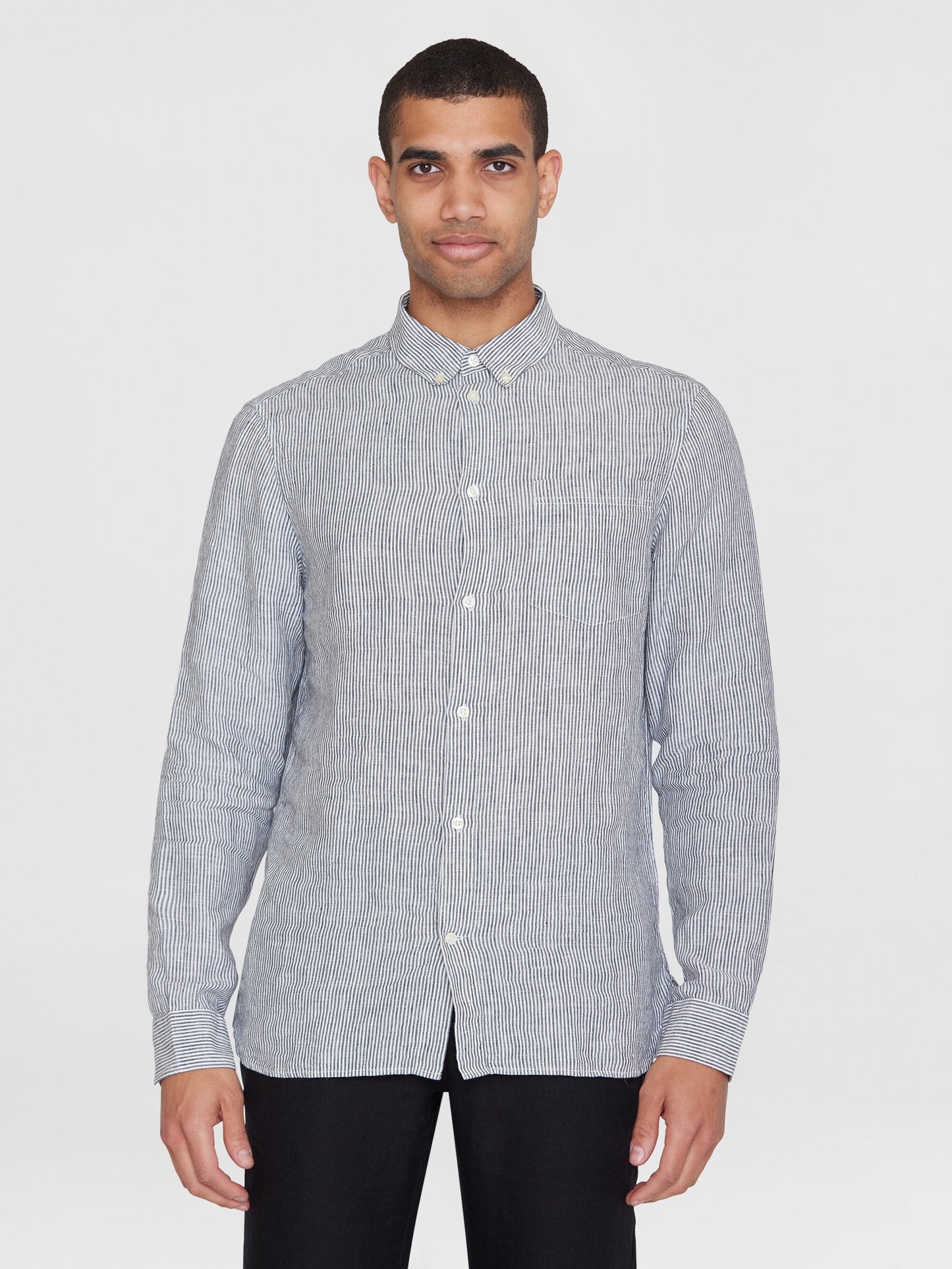 chemise en lin bio | rayé "Regular striped linen shirt total eclipse"