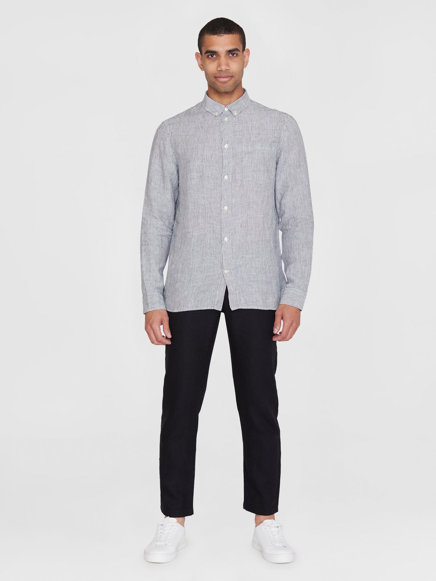 chemise en lin bio | rayé "Regular striped linen shirt total eclipse"