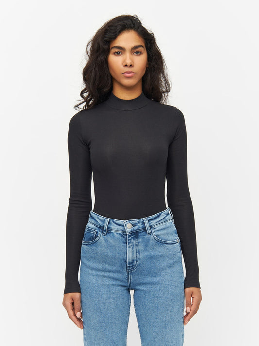 T-shirt manches longues côtelé en coton bio | Noir "rib high neck black jet"