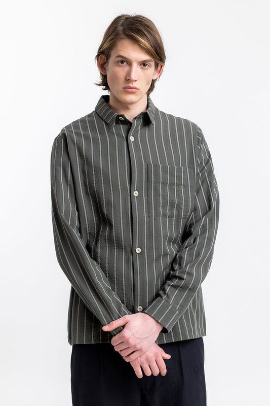 Chemise rayée en coton bio | Vert olive "square shirt olive stripe"
