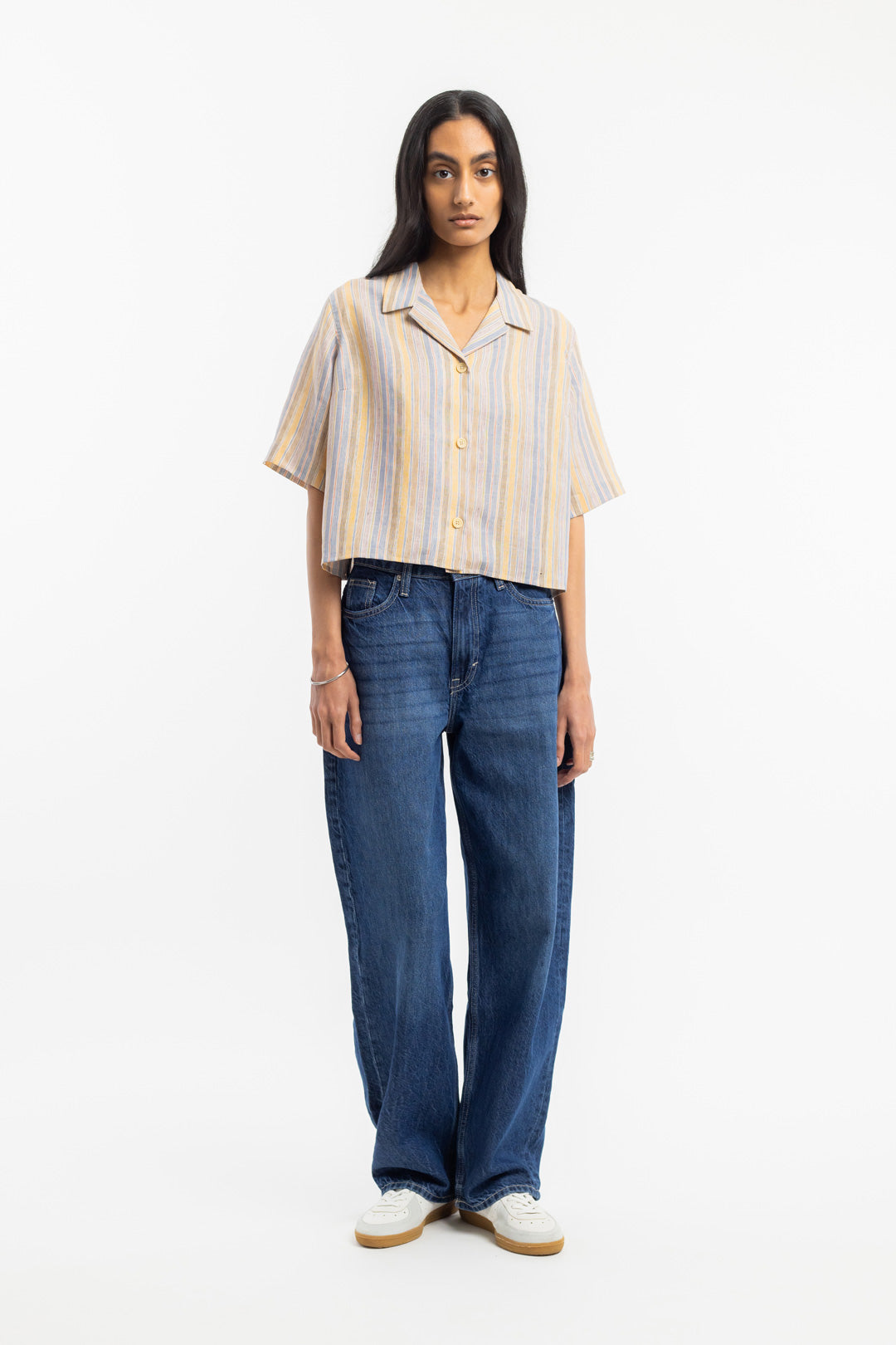 Chemise courte en coton bio et lin | multicolore "cropped bowling shirt multi stripe"