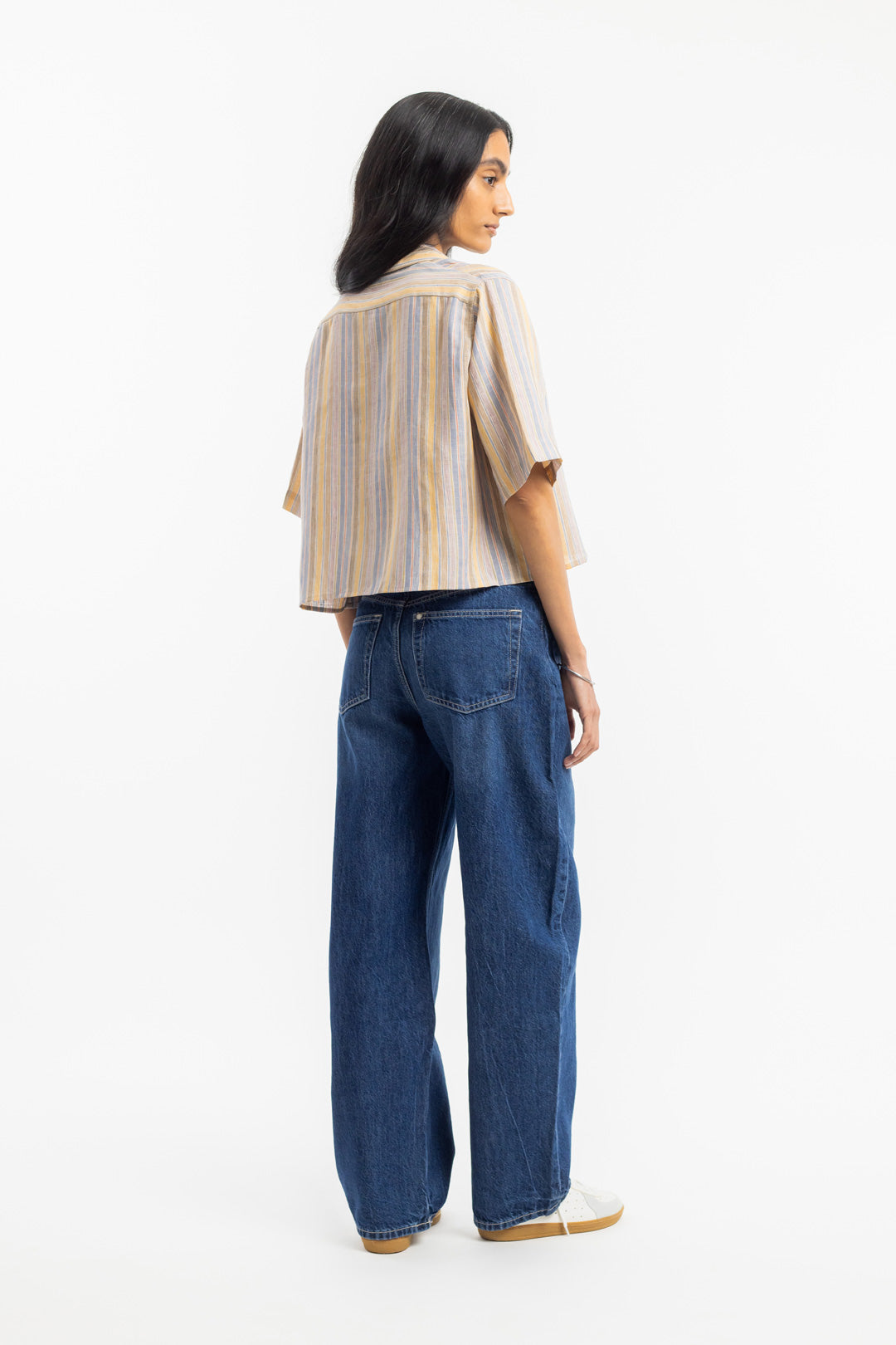 Chemise courte en coton bio et lin | multicolore "cropped bowling shirt multi stripe"