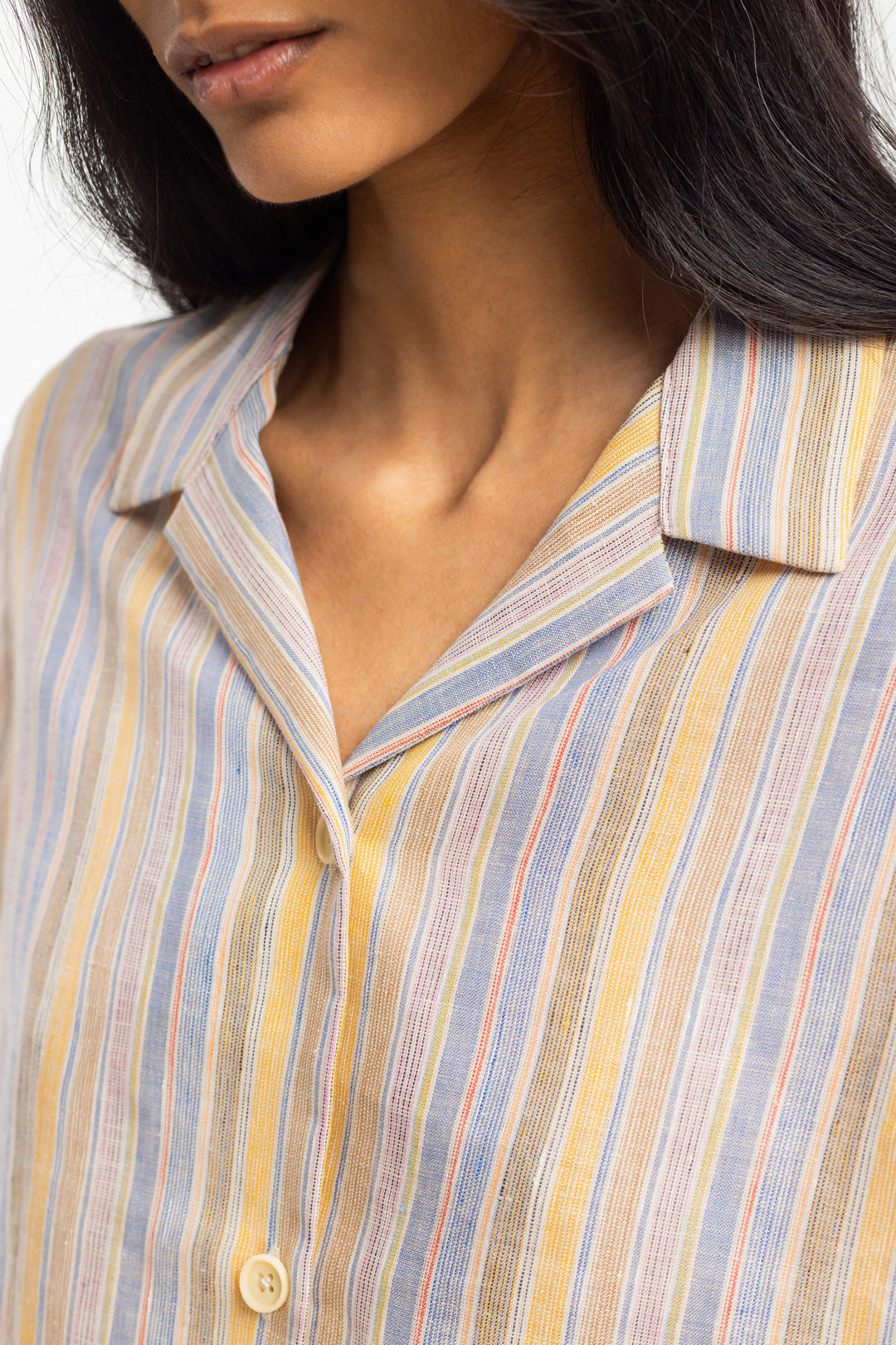 Chemise courte en coton bio et lin | multicolore "cropped bowling shirt multi stripe"