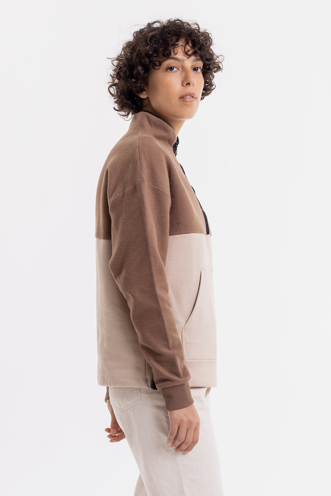 Sweat bicolore col zippé en coton bio - divided half zip sweatshirt-oatmeal/chestnut