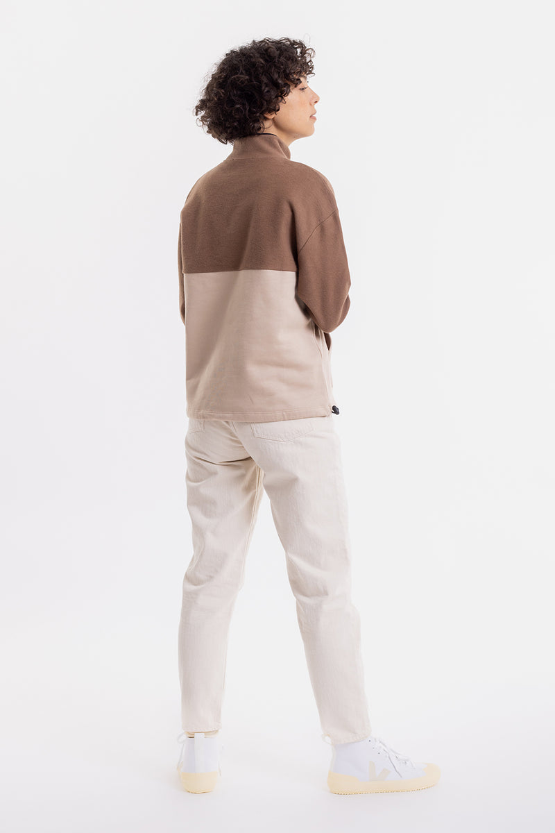 Sweat bicolore col zippé en coton bio - divided half zip sweatshirt-oatmeal/chestnut
