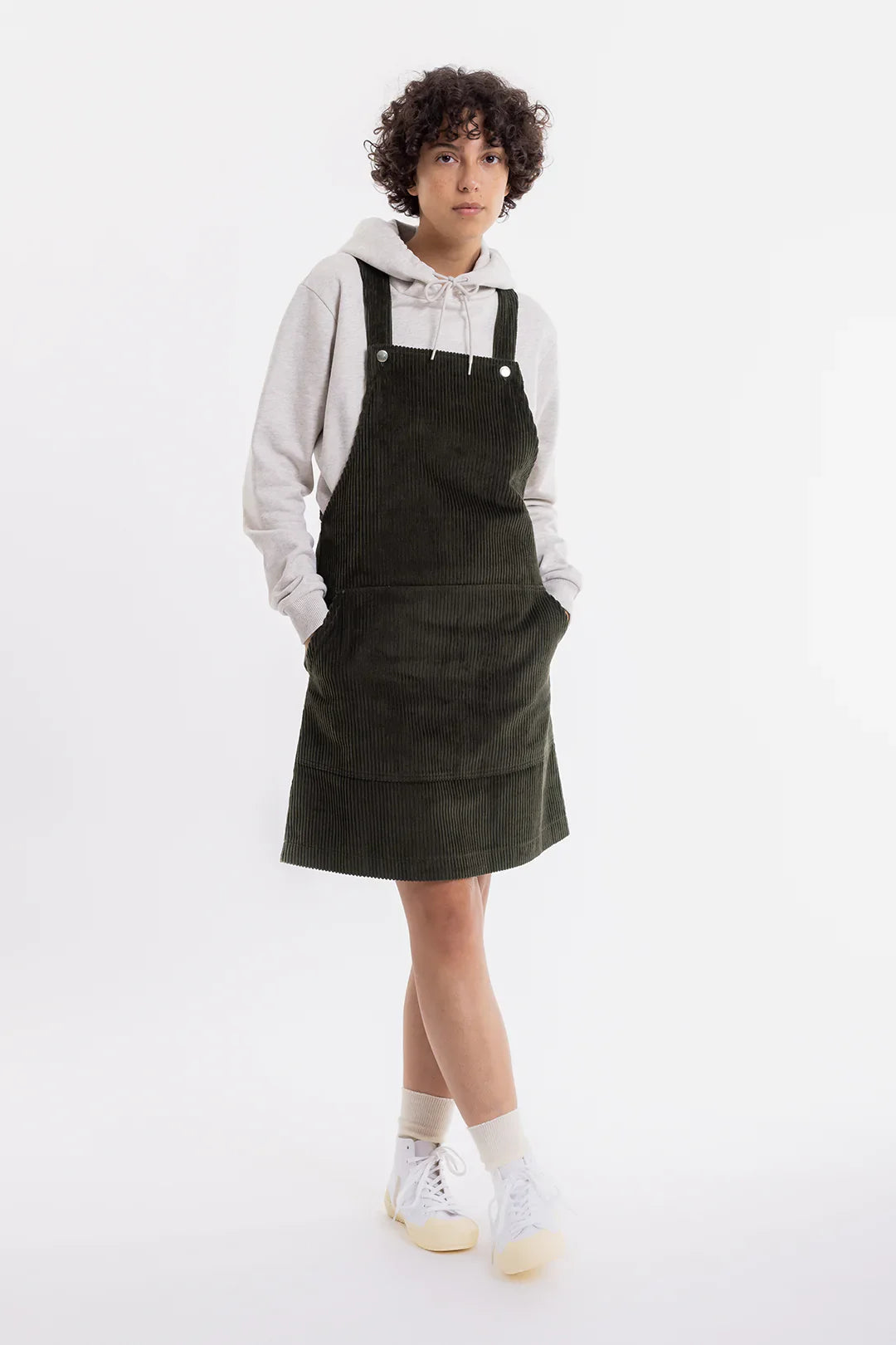Robe salopette olive en coton bio - dungaree corduroy dress olive
