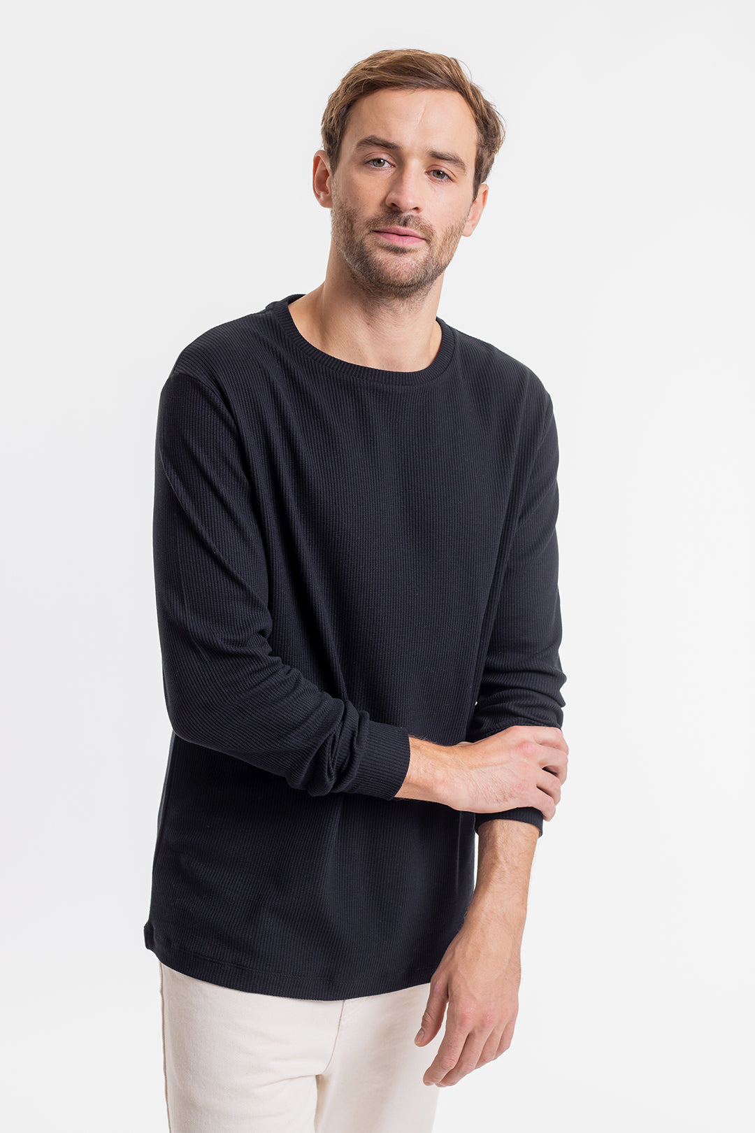 T-shirt manches longues piqué noir en coton bio - longsleeve pique t-shirt-black