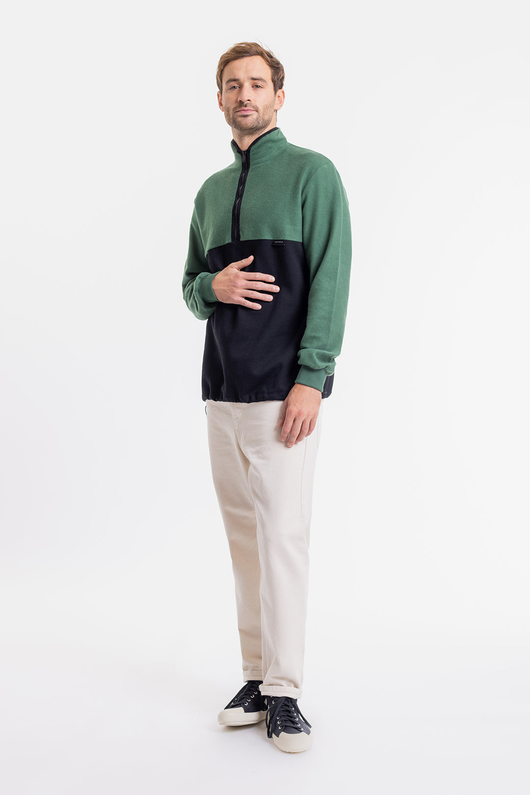 Sweat vert et noir en coton bio - divided half zip sweatshirt black/deep green