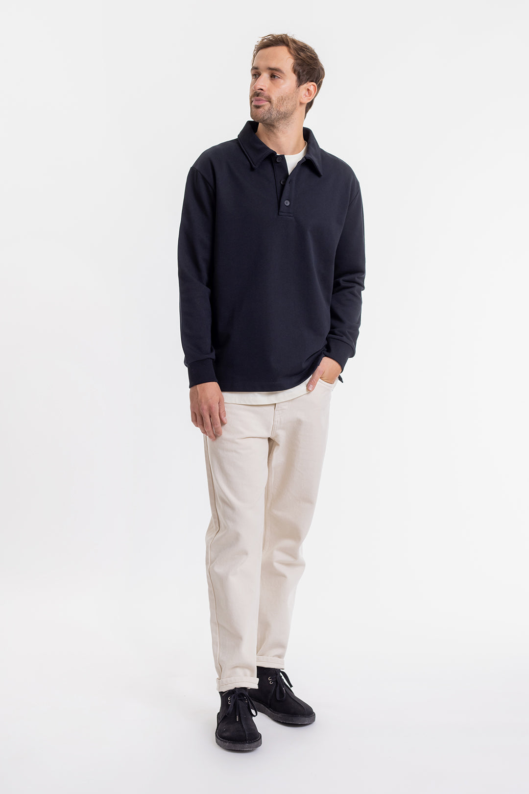 Polo épais manches longues noir en coton bio -  heavy polo jersey-black